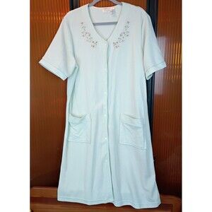 Coffee Time Women Sz Large House Dress Robe Light Mint Green Snap Front